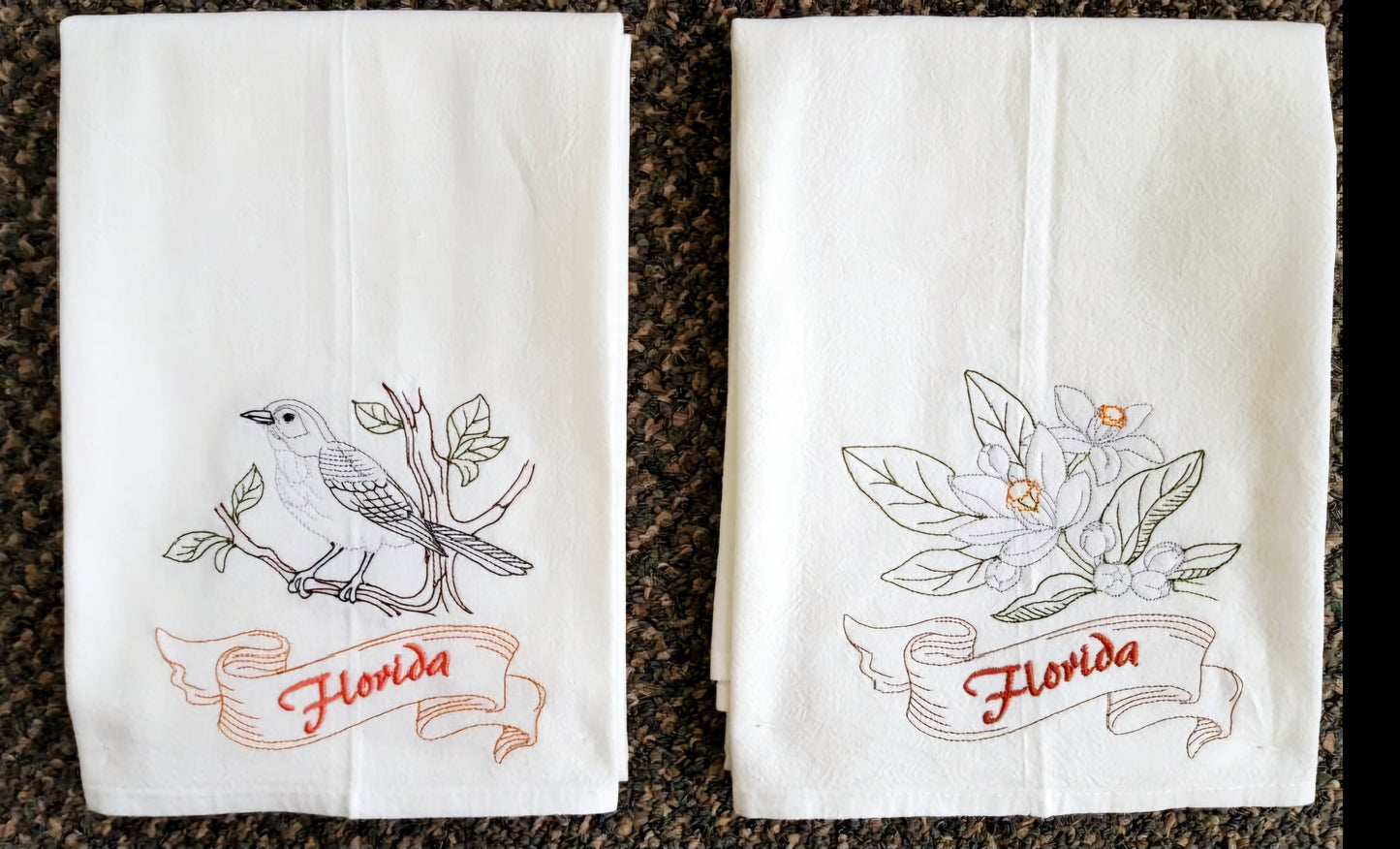 Florida State Bird Mockingbird OR State Flower Orange Blossom Machine Embroidered Flour Sack Dish Towel