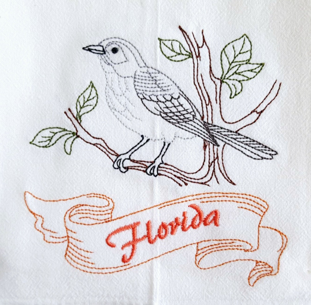 Florida State Bird Mockingbird OR State Flower Orange Blossom Machine Embroidered Flour Sack Dish Towel