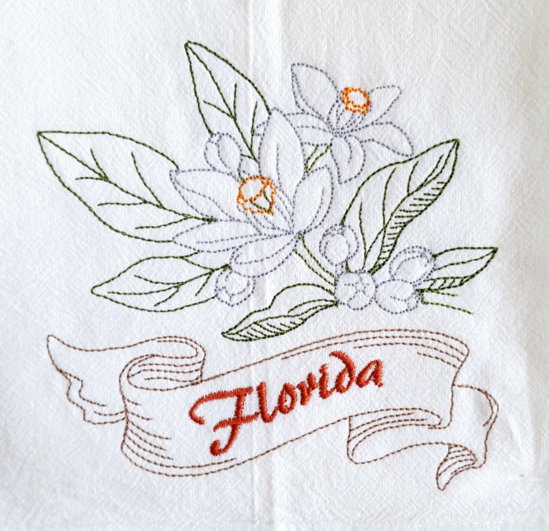 Florida State Bird Mockingbird OR State Flower Orange Blossom Machine Embroidered Flour Sack Dish Towel