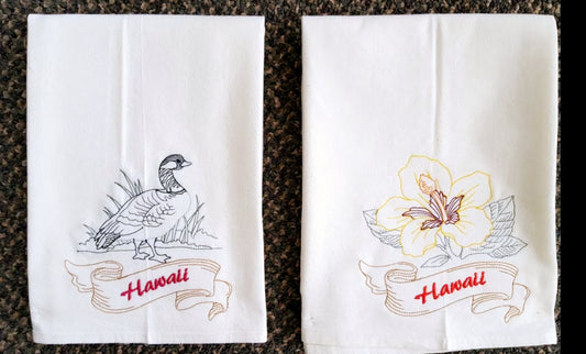 Hawaii State Bird Nene OR State Flower Hibiscus Machine Embroidered Flour Sack Dish Towels