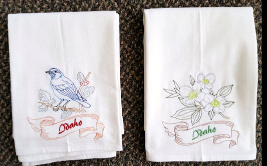 Idaho State Bird Mountain Bluebird OR State Flower Syringa Machine Embroidered Flour Sack Dish Towels