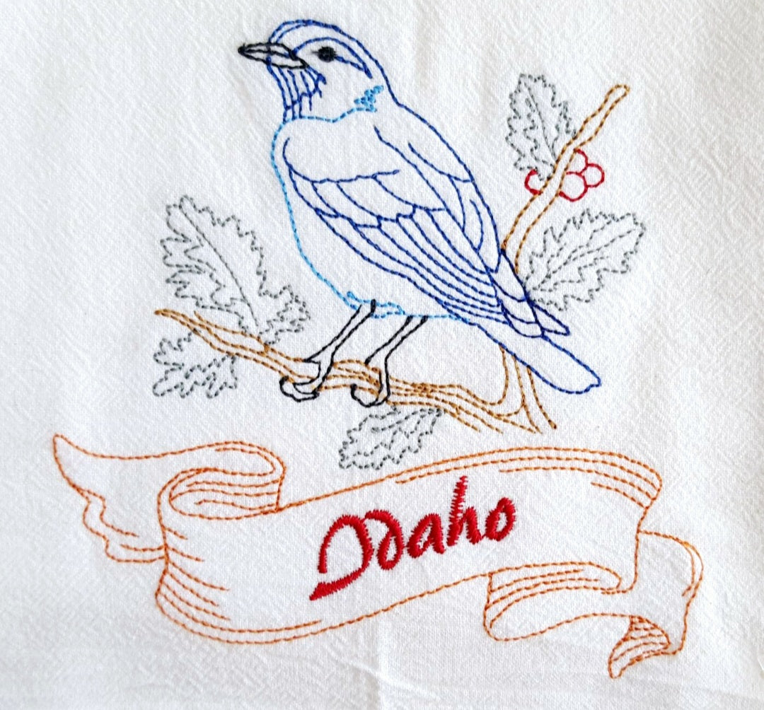 Idaho State Bird Mountain Bluebird OR State Flower Syringa Machine Embroidered Flour Sack Dish Towels