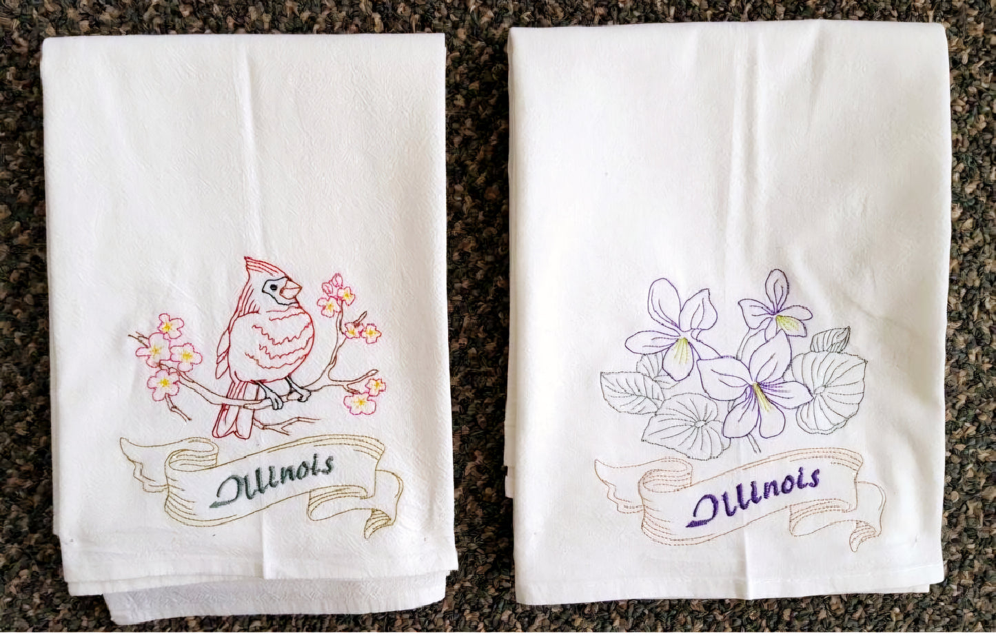 Illinois State Bird Cardinal OR State Flower Purple Violet Machine Embroidered Flour Sack Dish Towels