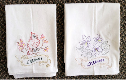 Illinois State Bird Cardinal OR State Flower Purple Violet Machine Embroidered Flour Sack Dish Towels