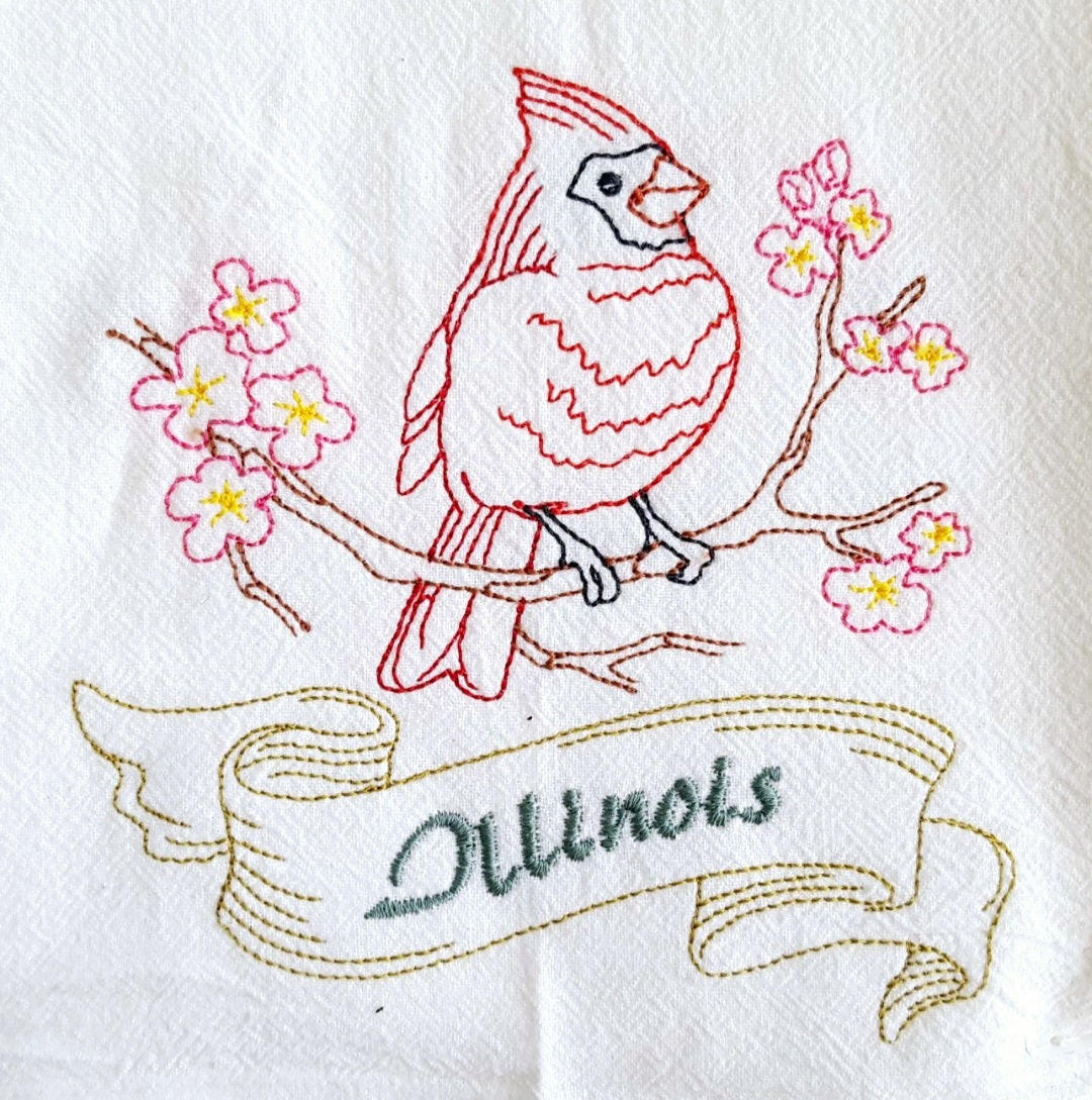 Illinois State Bird Cardinal OR State Flower Purple Violet Machine Embroidered Flour Sack Dish Towels