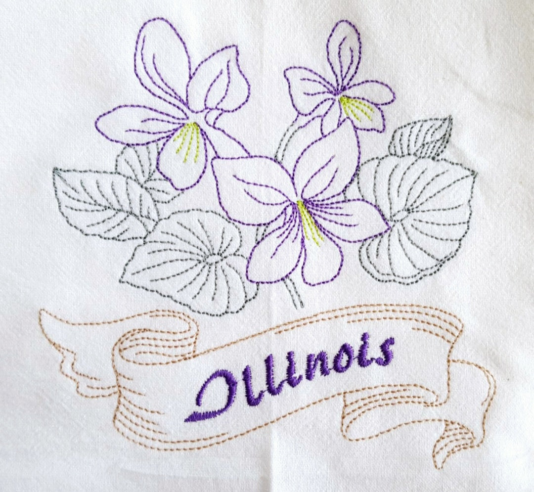 Illinois State Bird Cardinal OR State Flower Purple Violet Machine Embroidered Flour Sack Dish Towels