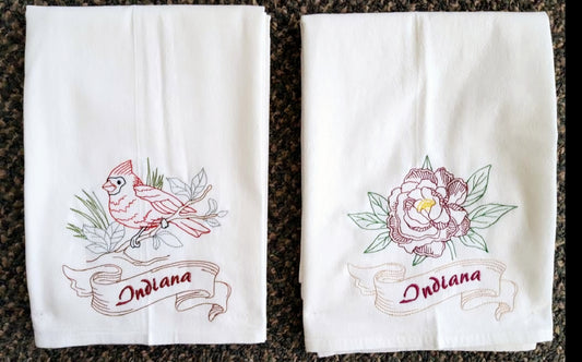 Indiana State Bird Cardinal OR State Flower Peony Machine Embroidered Flour Sack Dish Towel