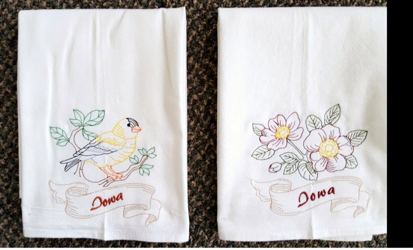 Iowa State Bird Eastern Goldfinch OR State Flower Prairie Rose Machine Embroidered Flour Sack Dish Towels