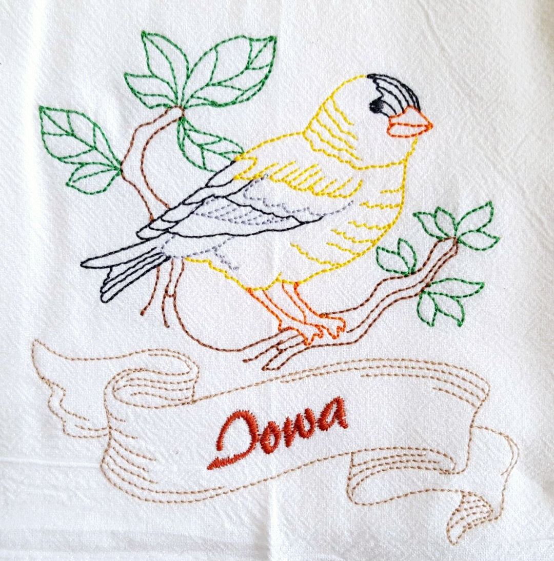 Iowa State Bird Eastern Goldfinch OR State Flower Prairie Rose Machine Embroidered Flour Sack Dish Towels