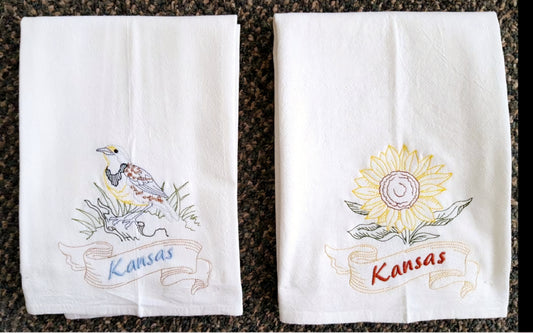 Kansas State Bird Western Meadowlark OR State Flower Sunflower Machine Embroidered Flour Sack Dish Towels