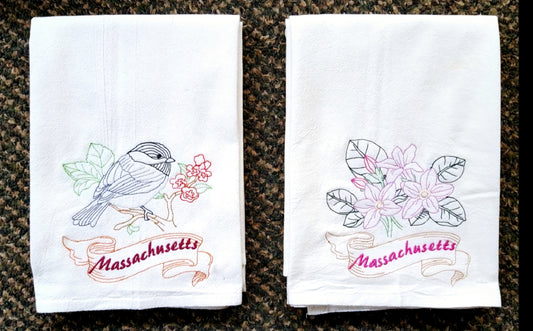 Massachusetts State Bird Chickadee OR State Flower Mayflower Machine Embroidered Flour Sack Towels Dish Towel