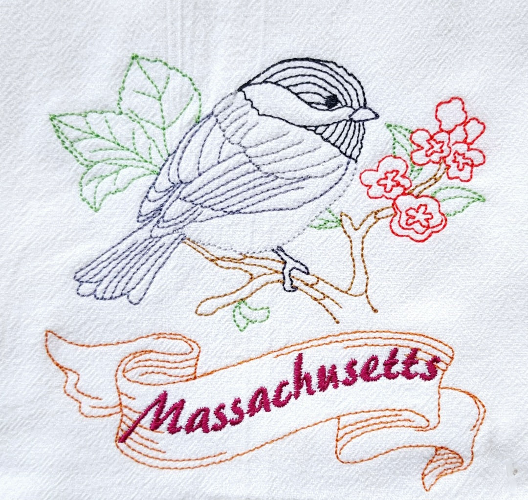 Massachusetts State Bird Chickadee OR State Flower Mayflower Machine Embroidered Flour Sack Towels Dish Towel