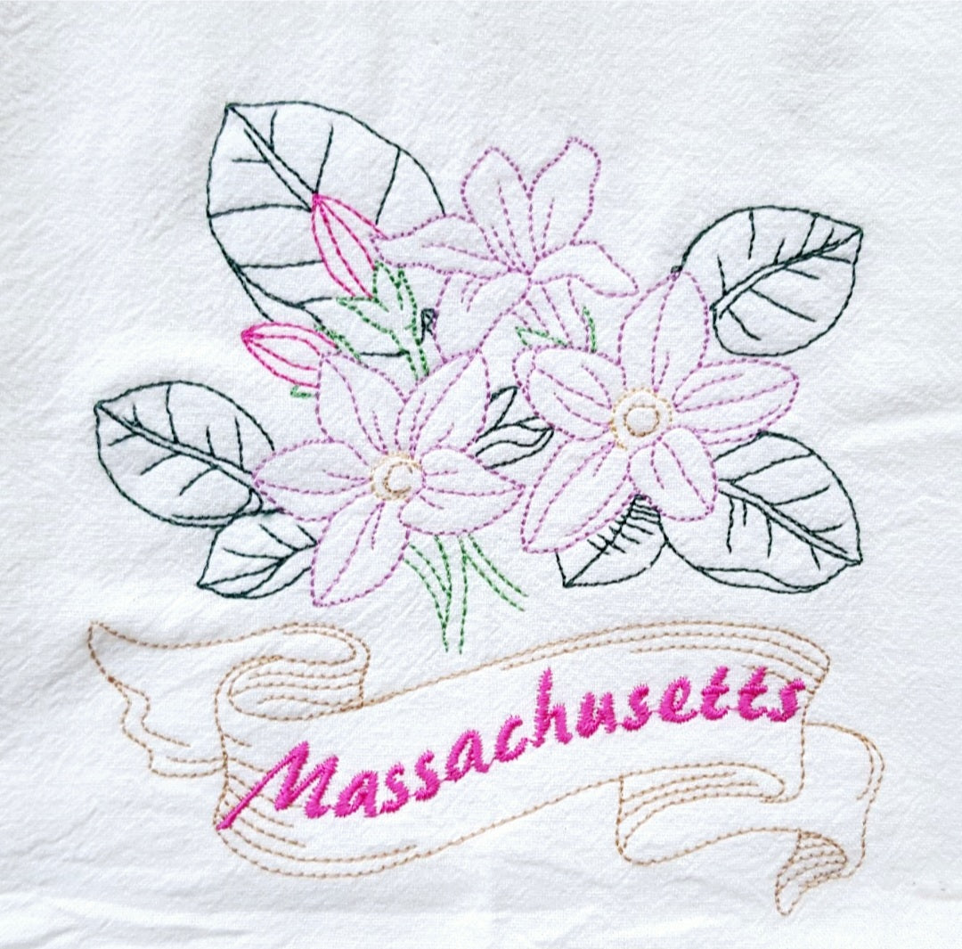 Massachusetts State Bird Chickadee OR State Flower Mayflower Machine Embroidered Flour Sack Towels Dish Towel