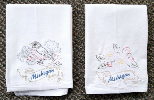 Michigan State Bird Robin OR State Flower Apple Blossom Machine Embroidered Flour Sack Dish Towels