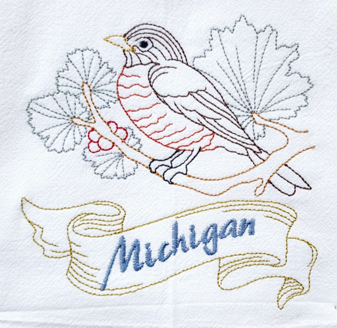 Michigan State Bird Robin OR State Flower Apple Blossom Machine Embroidered Flour Sack Dish Towels