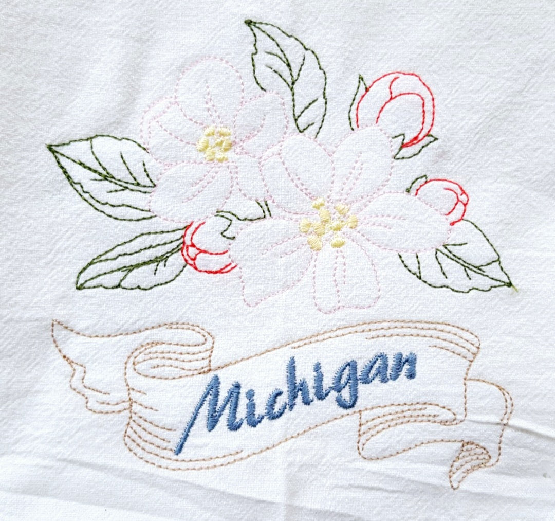 Michigan State Bird Robin OR State Flower Apple Blossom Machine Embroidered Flour Sack Dish Towels