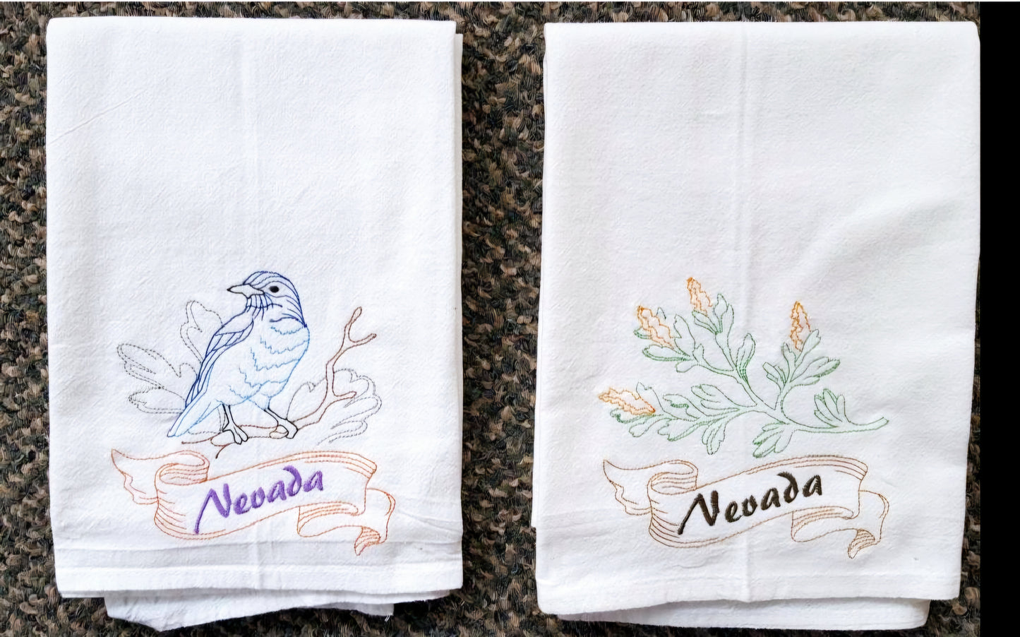 Nevada State Bird Mountain Bluebird OR State Flower Sagebrush Machine Embroidered Flour Sack Dish Towels