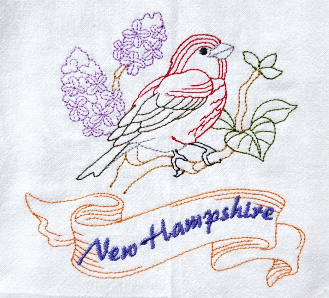 New Hampshire State Bird Purple Finch OR State Flower Purple Lilac Machine Embroidered Flour Sack Dish Towels