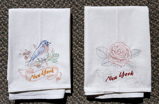 New York State Bird Bluebird OR State Flower Rose Machine Embroidered Flour Sack Dish Towels