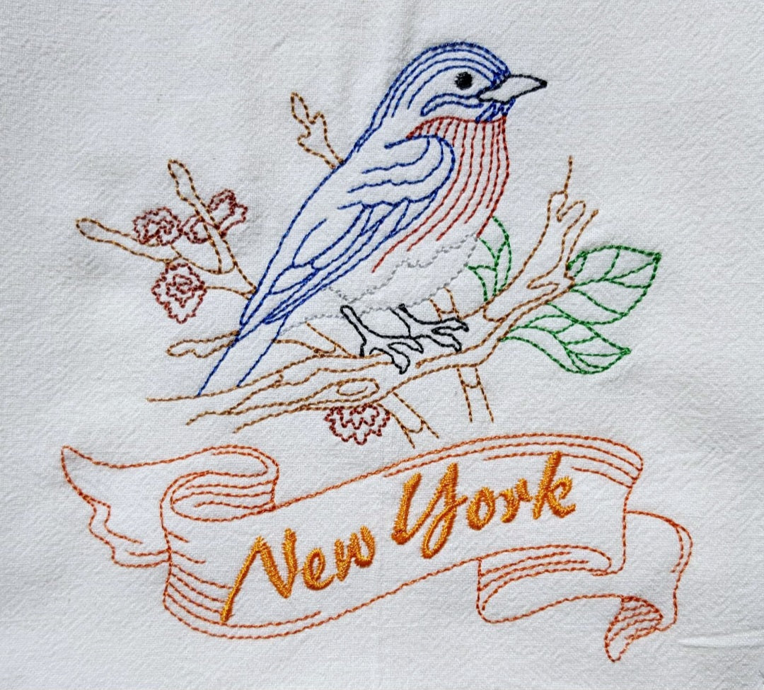 New York State Bird Bluebird OR State Flower Rose Machine Embroidered Flour Sack Dish Towels