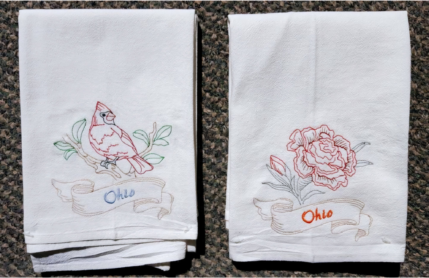 Ohio State Bird Cardinal OR State Flower Scarlet Carnation Machine Embroidered Flour Sack Dish Towels