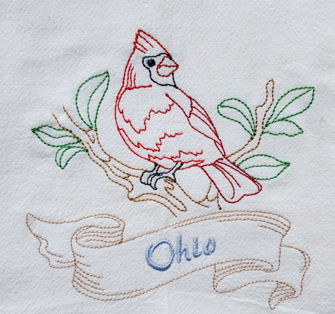 Ohio State Bird Cardinal OR State Flower Scarlet Carnation Machine Embroidered Flour Sack Dish Towels