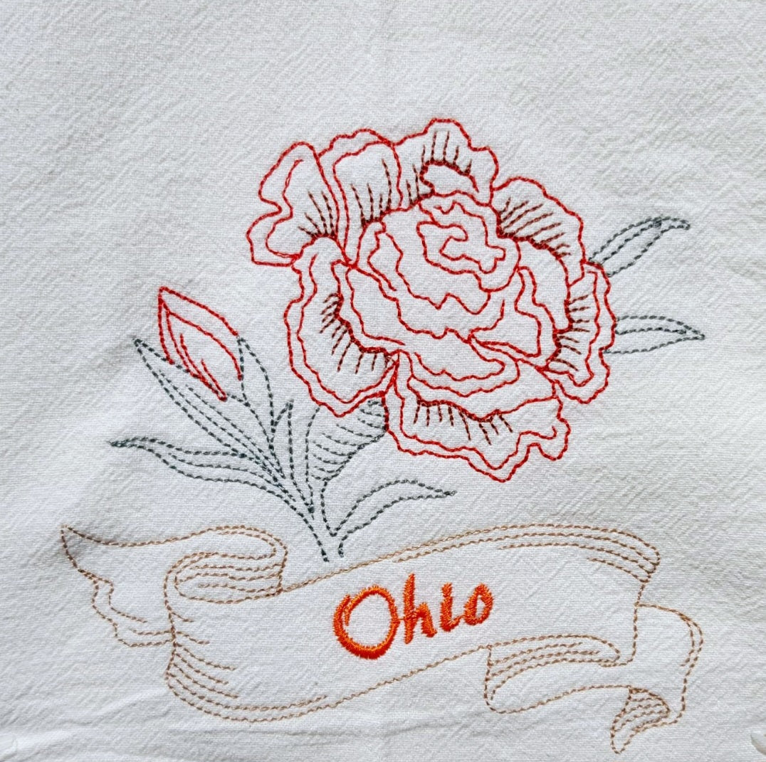 Ohio State Bird Cardinal OR State Flower Scarlet Carnation Machine Embroidered Flour Sack Dish Towels