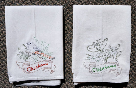 Oklahoma State Bird Scissor-Tailed Flycatcher OR State Flower Mistletoe Machine Embroidered Flour Sack Dish Towels