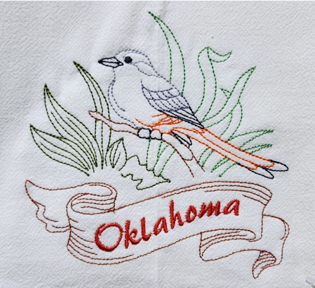 Oklahoma State Bird Scissor-Tailed Flycatcher OR State Flower Mistletoe Machine Embroidered Flour Sack Dish Towels