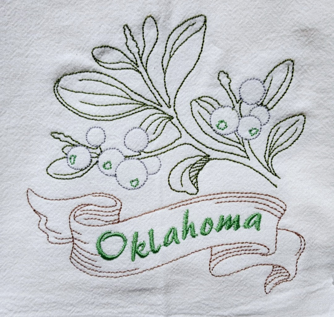 Oklahoma State Bird Scissor-Tailed Flycatcher OR State Flower Mistletoe Machine Embroidered Flour Sack Dish Towels