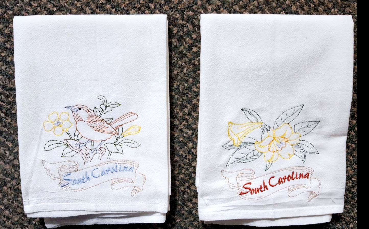 South Carolina State Bird Great Carolina Wren OR State Flower Carolina Jessamine Machine Embroidered Flour Sack Dish Towels