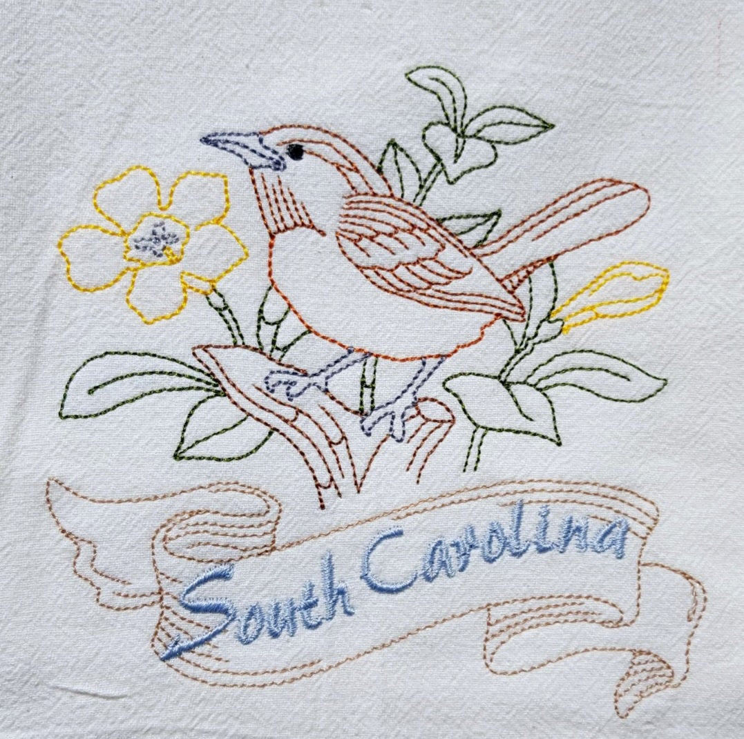 South Carolina State Bird Great Carolina Wren OR State Flower Carolina Jessamine Machine Embroidered Flour Sack Dish Towels