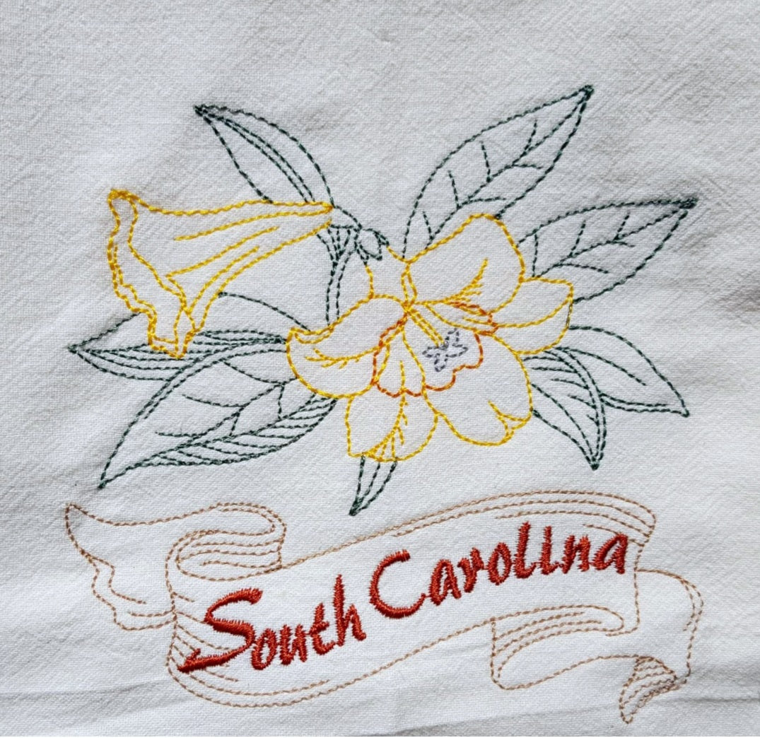 South Carolina State Bird Great Carolina Wren OR State Flower Carolina Jessamine Machine Embroidered Flour Sack Dish Towels