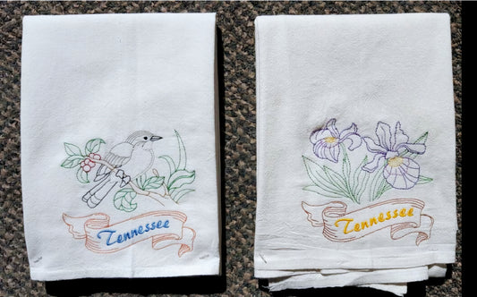 Tennessee State Bird Mockingbird OR State Flower Iris Machine Embroidered Flour Sack Dish Towels