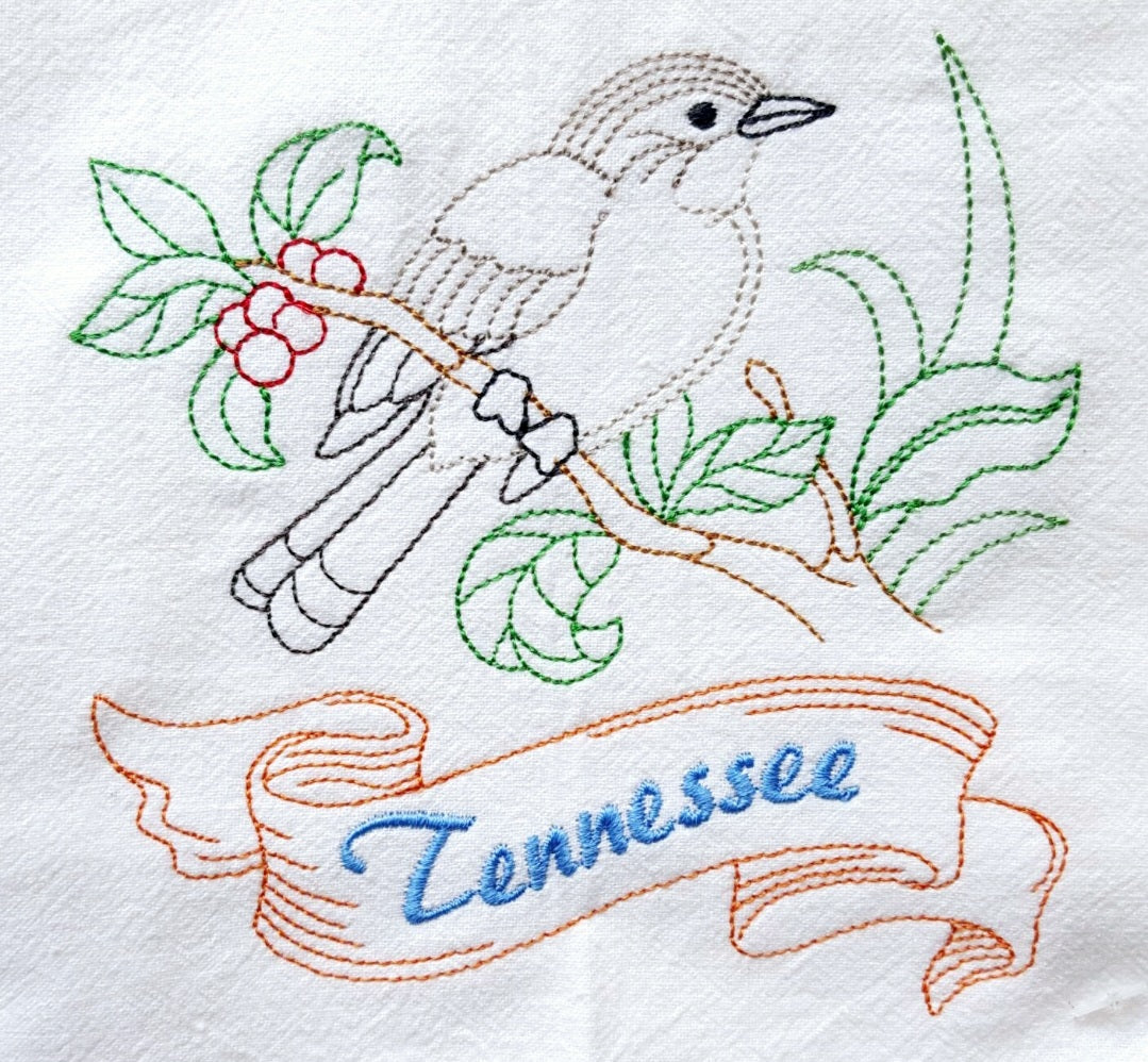 Tennessee State Bird Mockingbird OR State Flower Iris Machine Embroidered Flour Sack Dish Towels