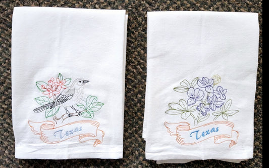 Texas State Bird Mockingbird OR State Flower Bluebonnet Machine Embroidered Flour Sack Dish Towels