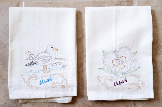 Utah State Bird California Gull OR State Flower Sego Lily Machine Embroidered Flour Sack Dish Towels