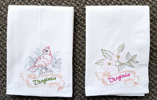 Virginia State Bird Cardinal OR State Flower Dogwood Machine Embroidered Flour Sack Dish Towels