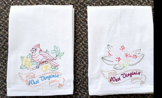 West Virginia State Bird Cardinal OR State Flower Rhododendron Machine Embroidered Flour Sack Dish Towels