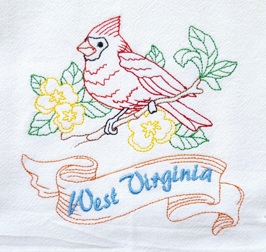 West Virginia State Bird Cardinal OR State Flower Rhododendron Machine Embroidered Flour Sack Dish Towels