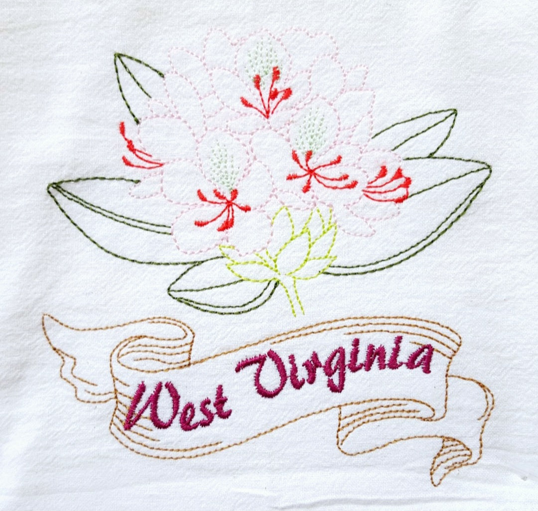 West Virginia State Bird Cardinal OR State Flower Rhododendron Machine Embroidered Flour Sack Dish Towels