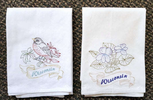 Wisconsin State Bird Robin OR State Flower Wood Violet Machine Embroidered Flour Sack Dish Towels