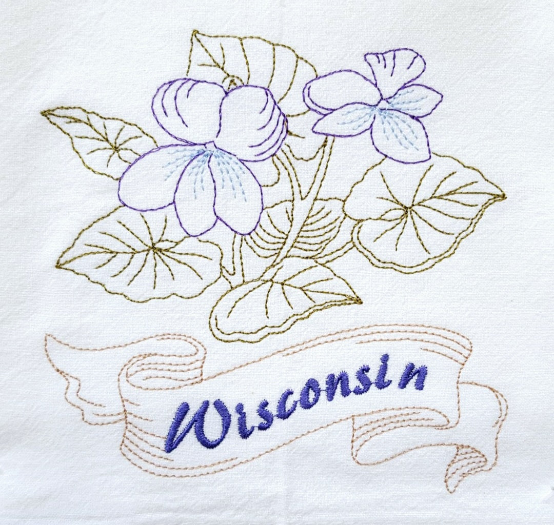 Wisconsin State Bird Robin OR State Flower Wood Violet Machine Embroidered Flour Sack Dish Towels