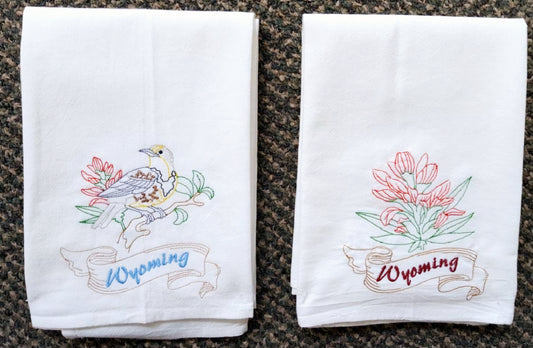 Wyoming State Bird Western Meadowlark OR State Flower Indian Paintbrush Machine Embroidered Flour Sack Dish Towels