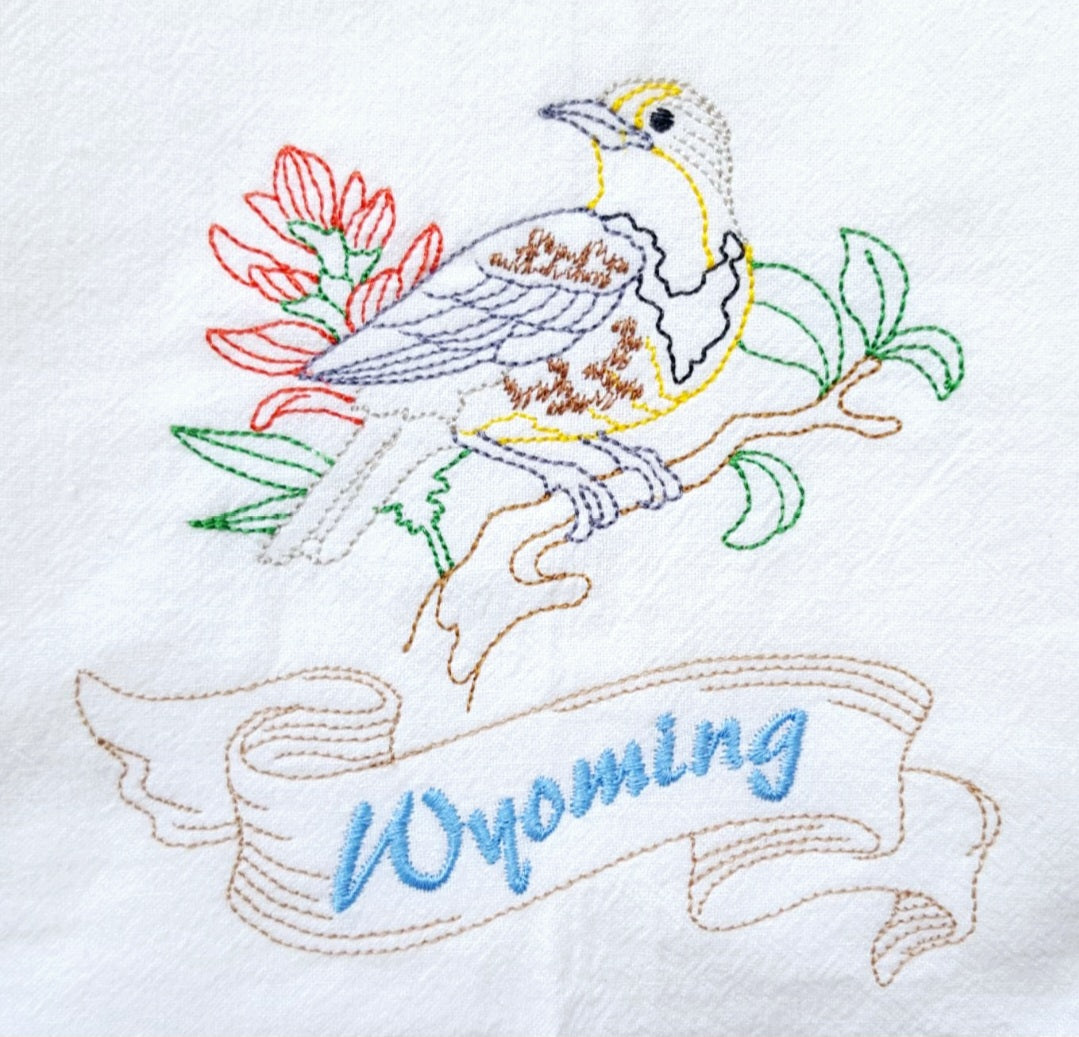 Wyoming State Bird Western Meadowlark OR State Flower Indian Paintbrush Machine Embroidered Flour Sack Dish Towels