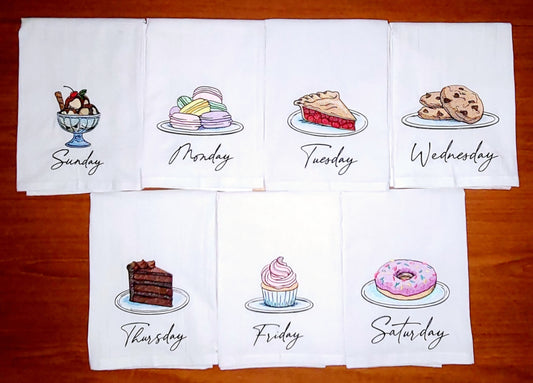 Dessert Days of the Week Machine Embroidered Flour Sack Dish Towels