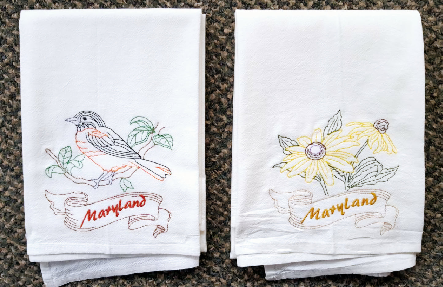 Maryland State Bird Baltimore Oriole OR State Flower Black Eyed Susan Machine Embroidered Flour Sack Dish Towels