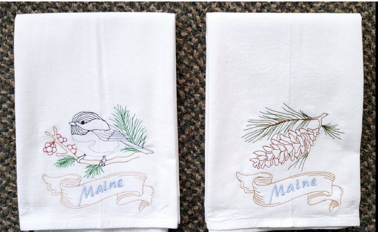 Maine State Bird Chickadee OR State Flower White Pine Cone and Tassel Flour Sack Towels