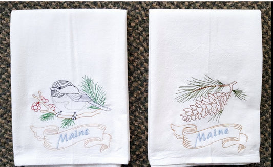 Maine State Bird Chickadee OR State Flower White Pine Cone and Tassel Flour Sack Towels