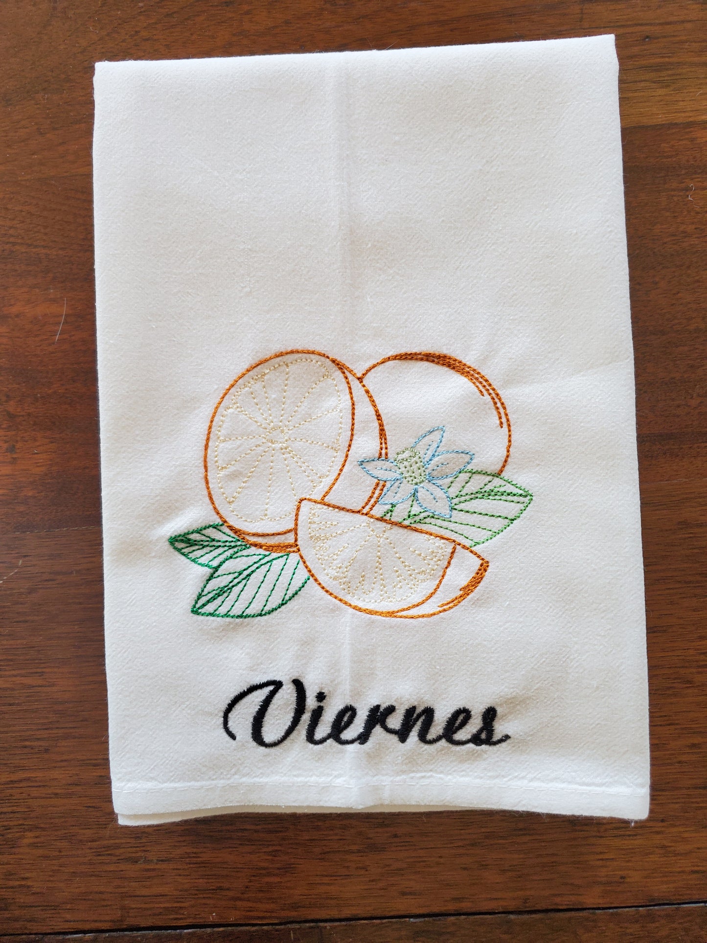 Vintage Fruit Days of the Week SPANISH Machine Embroidered Flour Sack Dish Towels